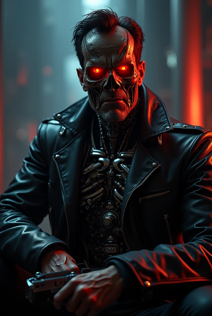 a terminator arnold t 800, wearing black leather jacket, holding a gun, detailed metal exoskeleton, glowing red eyes, aggressive expression, Stylish text in below reading "Hasta La Vista Baby", dark moody lighting, cinematic dramatic lighting, photorealistic, 8k, ultra detailed, hyperrealistic, intricate details