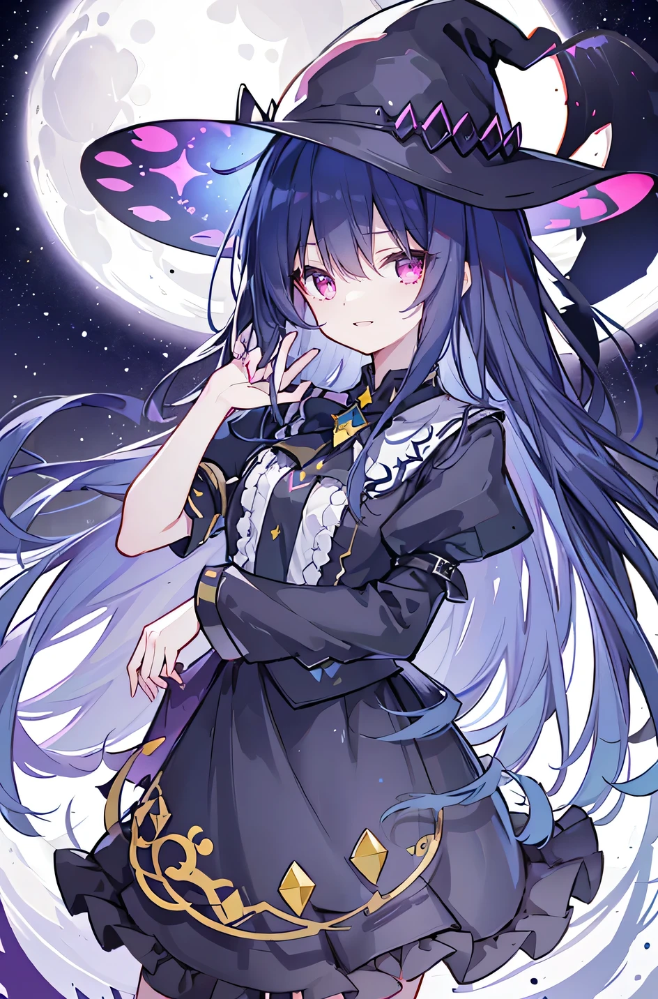 oung Girls,Humanity,A magician always smiles,big witch hat,cute,dark blue long hair,The eyes are dull,The bangs are heavy,Thin eyebrows,fantasy,intake,Double teeth,Star Theme,Constellation pattern,Solid color clothetal decoration,cloak,A bit of a dark atmosphere,A little crazy smile,When the big moon shines outside at night,blood,Hair black star embellishment,Short tie,No nails,High waist skirt,Bell sleeves,Long-sleeved shirt,Black tie,low risk,gentlemen。Mist、Yellow and white effect,Shocking pink as an accent color