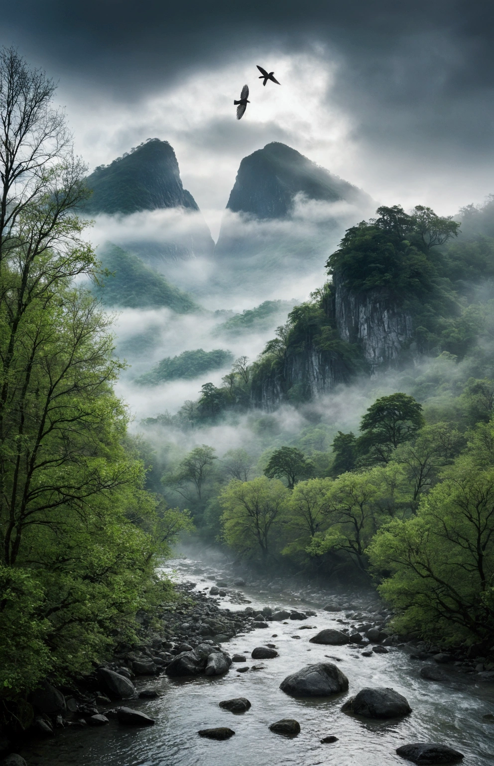 Stream water is clear and transparent，The trees are also green，The whole picture is surrounded by clouds and mist，There are several bare rock mountains behind,Clouds and mist，A bird flies across the screen.
