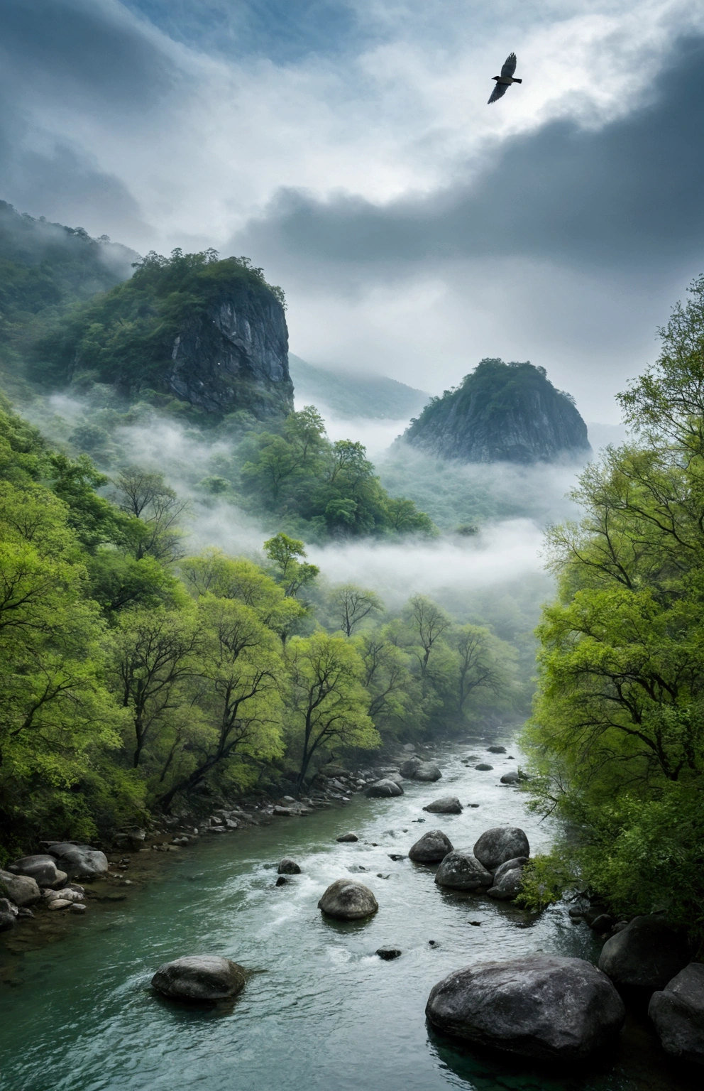 Stream water is clear and transparent,The trees are also green,The whole picture is surrounded by clouds and mist,There are several bare rock mountains behind,Clouds and mist,A bird flies across the screen.