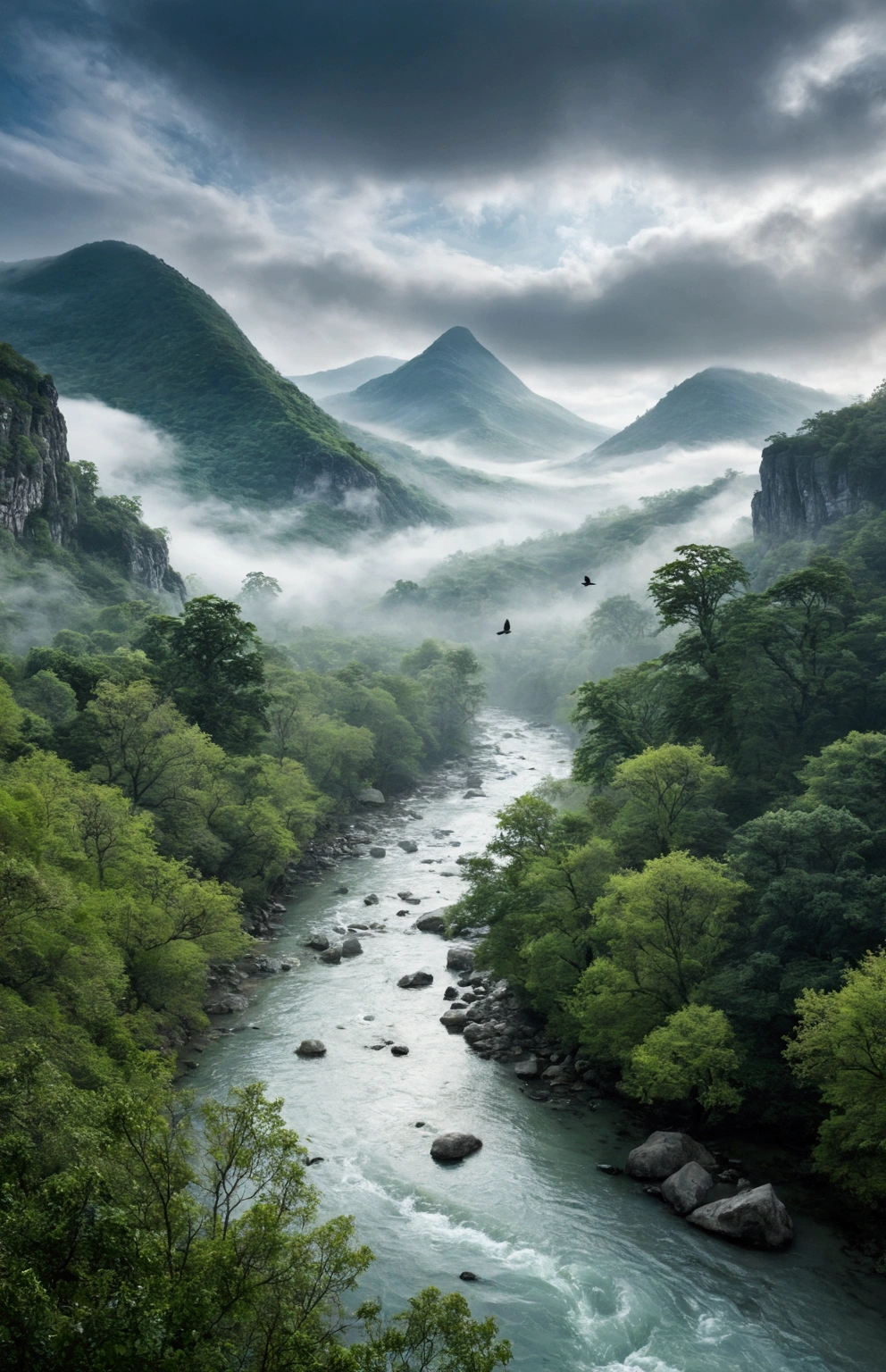 Stream water is clear and transparent，The trees are also green，The whole picture is surrounded by clouds and mist，There are several bare rock mountains behind,Clouds and mist，A bird flies across the screen.
