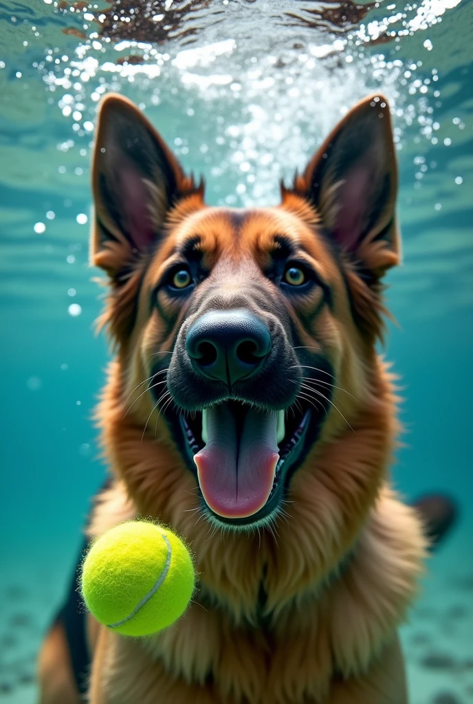 a happy german shepherd catching a tennis ball underwater closeup shot in the style of seth casteel highly detailed underwater photography