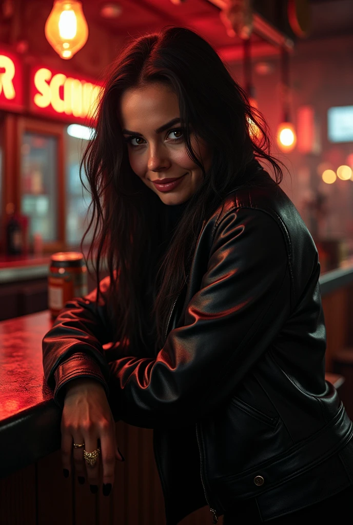 Evil Woman, black leather jacket, she is leaning against the bar counter, looking at us and smiling bewitchingly, fangs, the eyes of a wild beast,