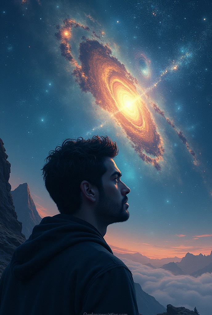A stunning astronomical image, such as a galaxy or nebula, with a person's face or silhouette in the foreground, looking contemplative, Illustration drawing stoicism