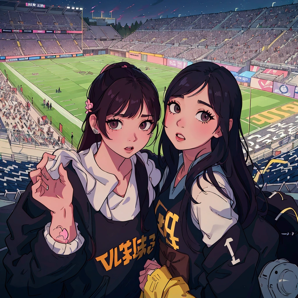 (best quality:0.8) perfect anime illustration, two women posing for a picture at a football game, profile pic, blackpink jennie, iu, 🇺🇦, # oc, #oc, nixeu and sakimichan, bae suzy, ayami kojima and lyde caldwell, jossi of blackpink, 🚿🗝📝, wenfei ye, jaeyeon nam, 🤬 🤮 💕 🎀