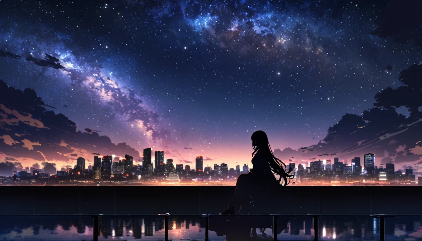 octans, sky, star (sky), scenery, starry sky, night, 1girl, night sky, solo, outdoors, building, cloud, milky way, sitting, tree, long hair, city, silhouette, cityscape,City from a distance, tokyo, city billboard, 1 milky way in the sky,