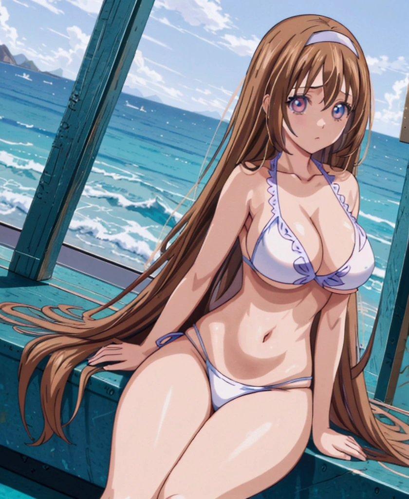 (Anime artwork, Anime Style, Studio Anime, Very detailed, up to date, Vibrant, Anime Coloring Book, High Contrast, masterpiece:1.2, Highest quality, Best aesthetics), (Beautiful and detailed eyes:1.2), 1 girl, Straight Long Hair, Large midchest, Hair Removal Hair Band, (White Bikini,Cleavage,Private beach with ocean backdrop), Sitting, Looking at the audience, Asymmetrical bangs, Perfect Proportions, Skin with attention to detail, cute, Detailed face, (Cowboy Shot, Dynamic Angle:1.1),