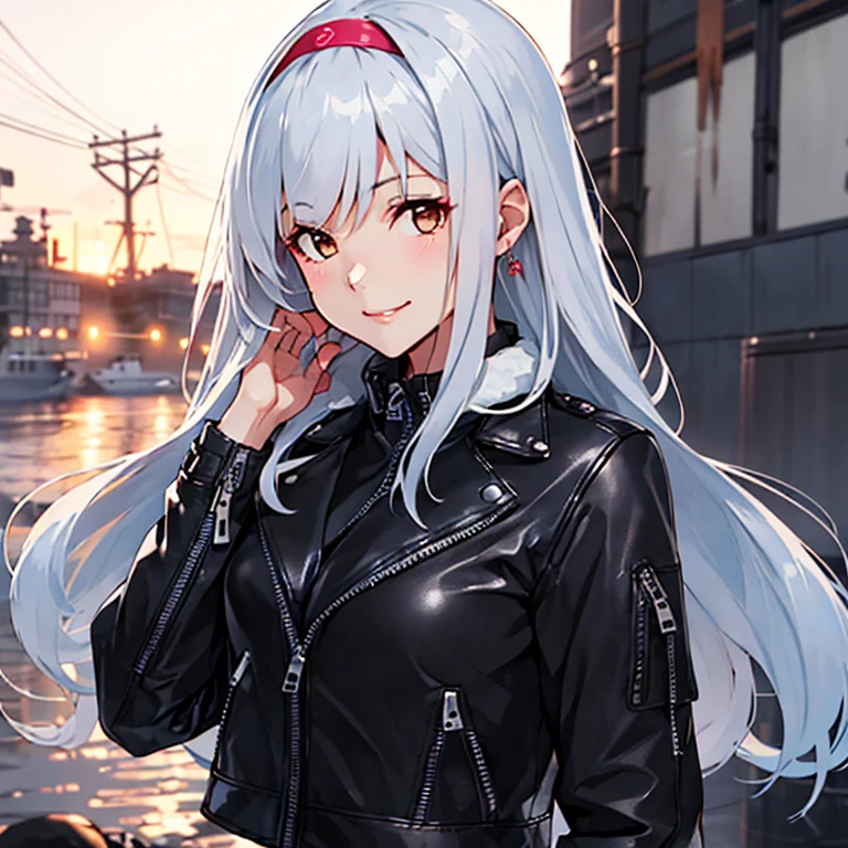 
shoukaku_kantaicollection,
long_hair, hairband, white_hair, brown_eyes, smile, headband, 
 (masterpiece:1.4),(best quality:1.4), (amazing), (great illustration:1.4), (ultra-detailed:1.4), (art CG, 8K),1girl solo,full body,KonishiCSA, 
(Black Leather Jacket:1.4),