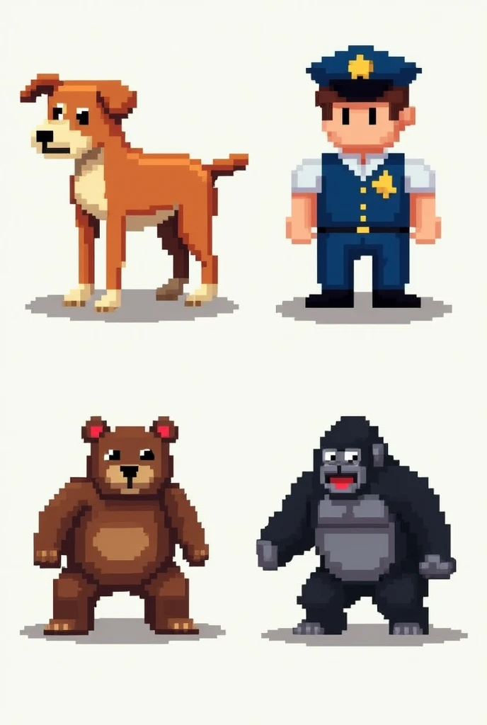 Generate a dog, a policeman, a bear, and a gorilla using NES characters.
