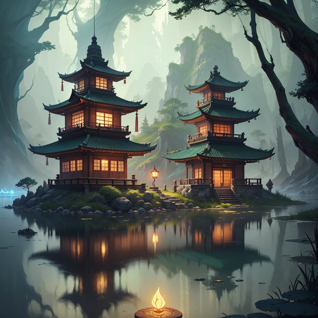 a painting of a small pond with a light on top, by Reuben Tam, relaxing concept art, stylized concept art, background artwork, painted as a game concept art, background art, concept art magical highlight, serene illustration, stylized game art, league of legends concept art, g liulian art style, inspired by Andreas Rocha, mythical shrine