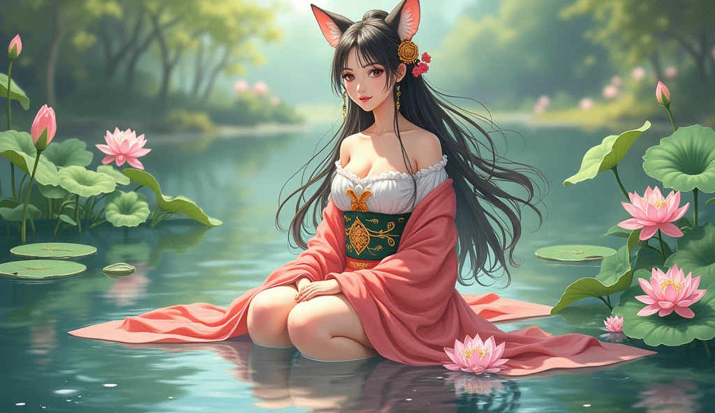 absurd, high resolution, Extremely detailed, (1 Girl:1.3), Hand Painted, Simple lines, 16-year-old girl wearing colorful Chinese Hanfu, Sexy fox ears girl, By the lotus pond, masterpiece, sitting in water, Floating clothes, Flowing hair