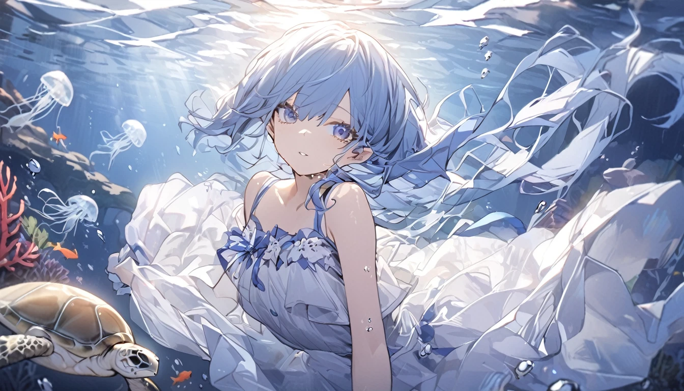 ((masterpiece、Highest quality))、(One Girl、solo:1.4)、Beautiful and fine details、Floating Hair、(Underwater:1.5)、Forms、Angel T、(jellyfish)、fluorescence、Sea Turtle、Seaweed、(Blue Hair,length:1.3),(blue eyes:1.3),(Underwaterに浮かぶ:1.5)