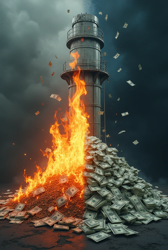 I want a picture that shows on the right a lot of money saved after recycling phosphate through a water filter machine and using it again, and on the other side money burned by dissolving large quantities of phosphate and losing it on the ground
