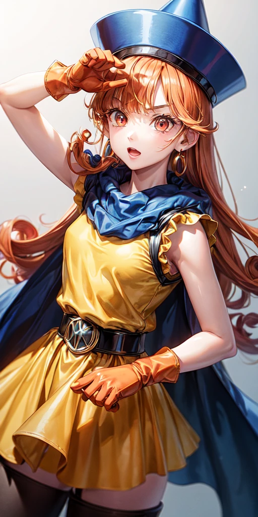 1girl,solo,dq4-alena,black pantyhose,blue cape,blue headwear,boots,curly hair,earrings,long hair,orange gloves,orange hair,red eyes,sleeveless,yellow dress,yellow skirt,dynamic pose,small breasts,(shiny,shiny dress:1.1)jumping,v-shaped eyebrows,fine weather, (masterpiece), (best quality), (ultra-detailed), intricate detail,, (masterpiece), (best quality), (ultra-detailed), intricate detail,