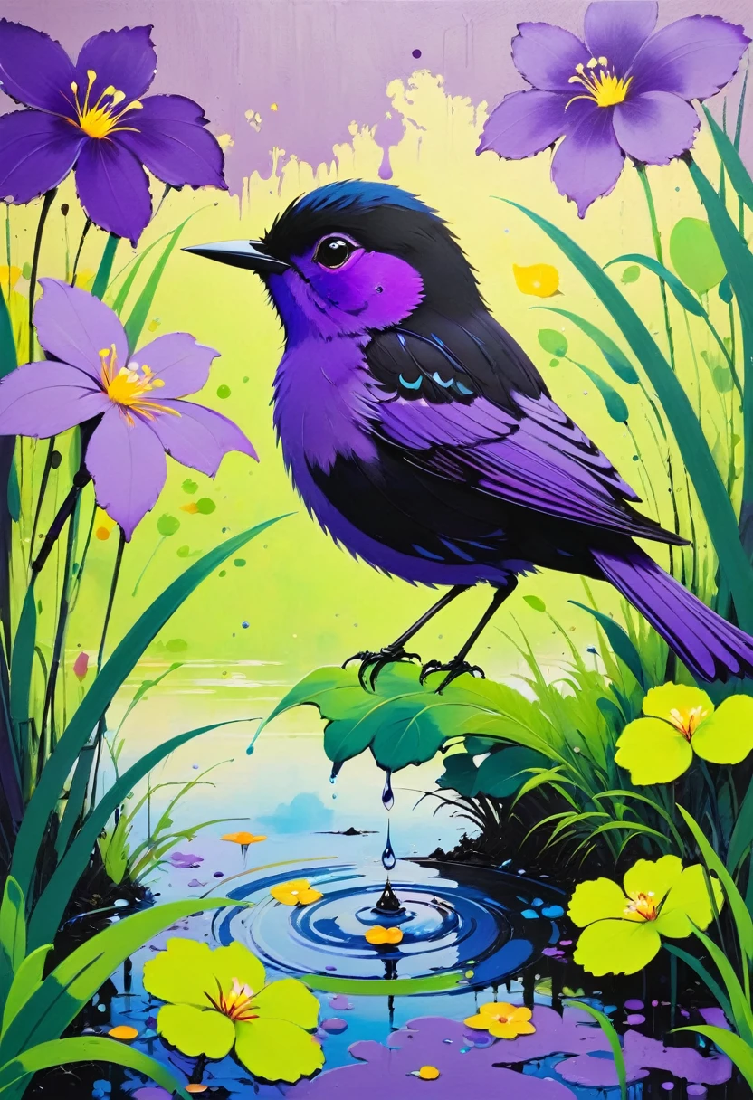 (((Colorful black,Oil stick painting,Volume,Thick coating,Uneven texture,Plaster texture,Graffiti)))。Colorful black,A small bird rests on the water grass, Bright colors的鸟, Purple和, cute的, Bright colors,cute, Lavender Color and Color Schemes, 和Purple的配色方案, Mysterious Birds, Beautiful Art, Purple, Whimsical Art, 和Purple色调, Lime and Violet, Close together,, spring, Inspired by Tomokazu Matsuyama, Delightful