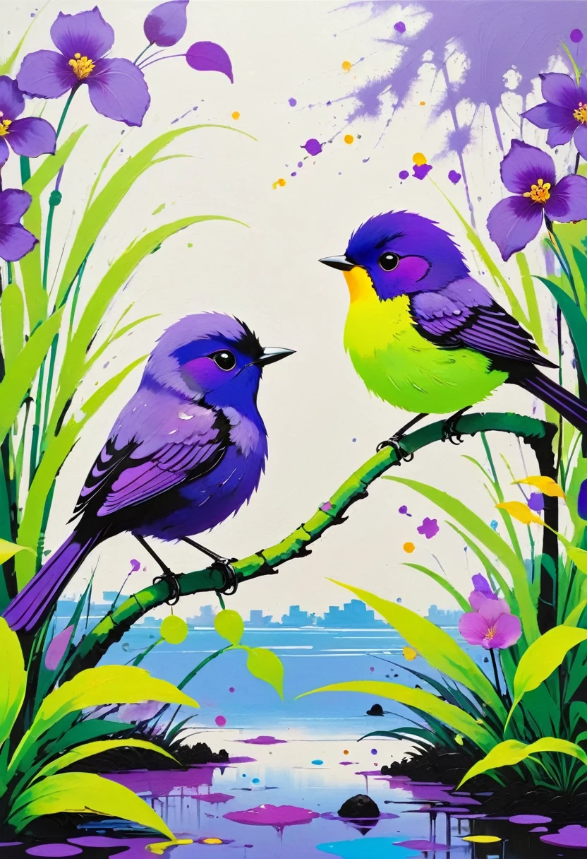 (((Colorful black,Oil stick painting,Volume,Thick coating,Uneven texture,Plaster texture,Graffiti)))。Colorful black,A small bird rests on the water grass, Bright colors的鸟, Purple和, cute的, Bright colors,cute, Lavender Color and Color Schemes, 和Purple的配色方案, Mysterious Birds, Beautiful Art, Purple, Whimsical Art, 和Purple色调, Lime and Violet, Close together,, spring, Inspired by Tomokazu Matsuyama, Delightful