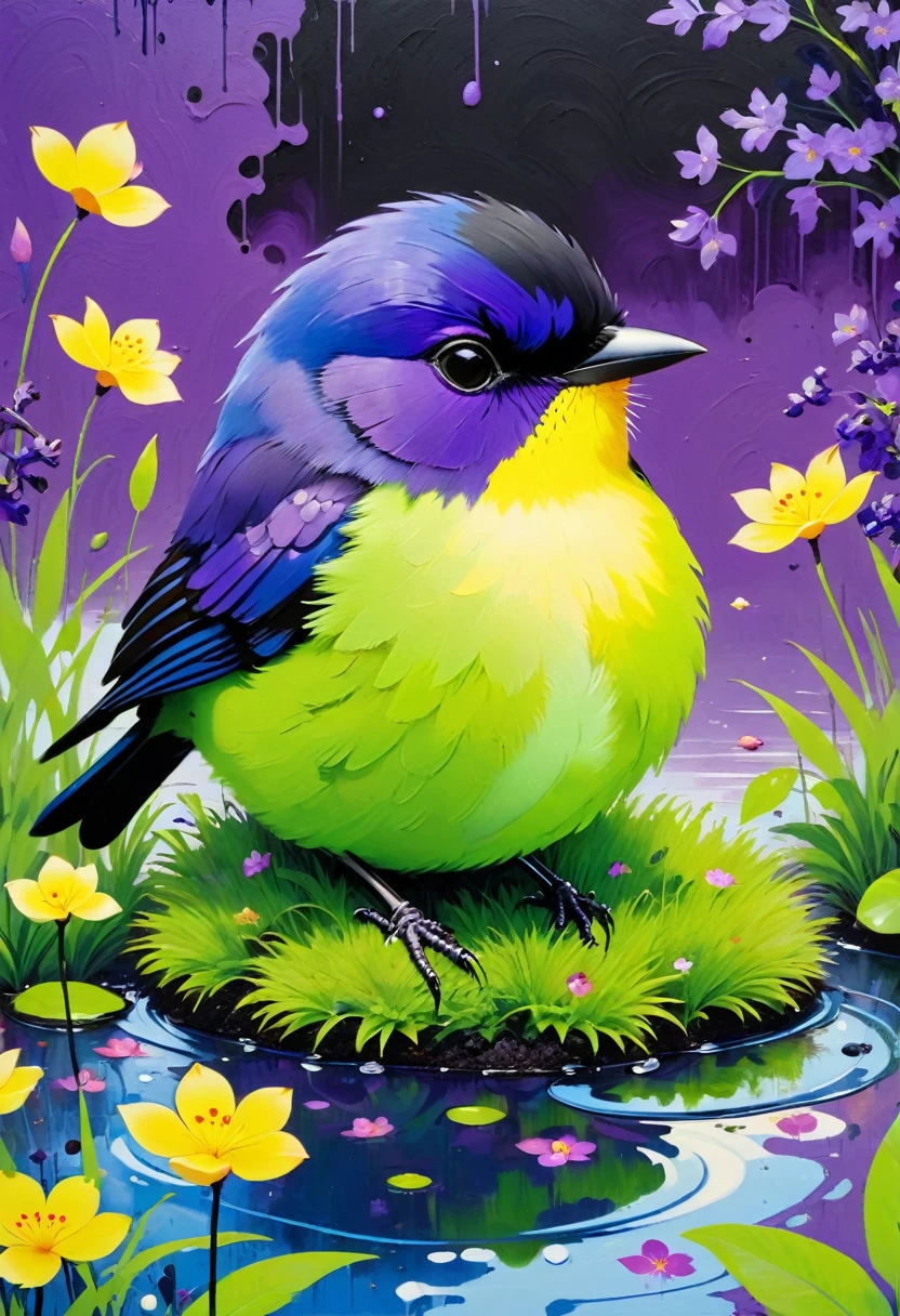 (((Colorful black,Oil stick painting,Volume,Thick coating,Uneven texture,Plaster texture,Graffiti)))。Colorful black,A small bird rests on the water grass, Bright colors的鸟, Purple和, cute的, Bright colors,cute, Lavender Color and Color Schemes, 和Purple的配色方案, Mysterious Birds, Beautiful Art, Purple, Whimsical Art, 和Purple色调, Lime and Violet, Close together,, spring, Inspired by Tomokazu Matsuyama, Delightful