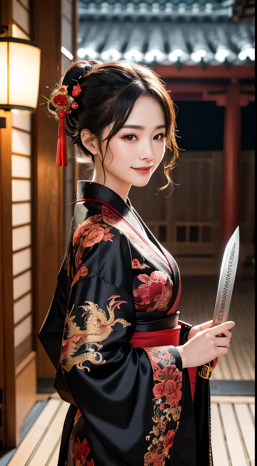 8kウルトラHD, Digital SLR,Film Grain, Fujifilm XT3,(Highest quality:1.3), (masterpiece:1.1), High resolution, Cinematic Light, Intricate details, (Realistic) (Night view) Realistic backlight、Dramatic reddish light、Beautiful Japanese Geisha full body photo, ((Facial texture Pore details)), Grin、Devilish smile, Simple messy hairstyle, She wears a black satin kimono decorated with traditional dragon motifs..., Open shoulders, , Long blade, Japan sword with long blade in hand,Inside a traditional villa, 8k, Front blur