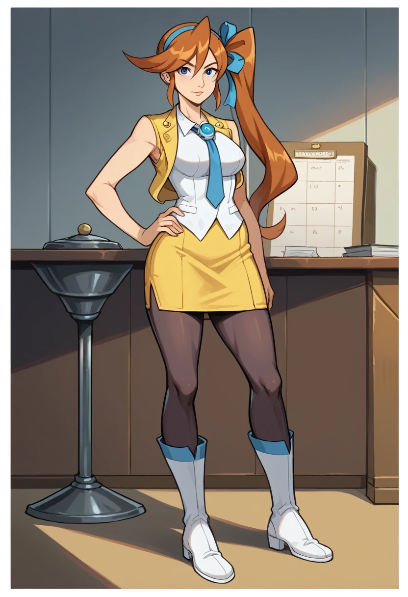 Athena Cykes, hair ribbon, side ponytail, necktie, bare arms, yellow skirt, black pantyhose, 1girl, solo, podium, hand on hips, smilling, courtroom, looking at viewer. full body view. short white boots, mature, perky breasts, wide hips.