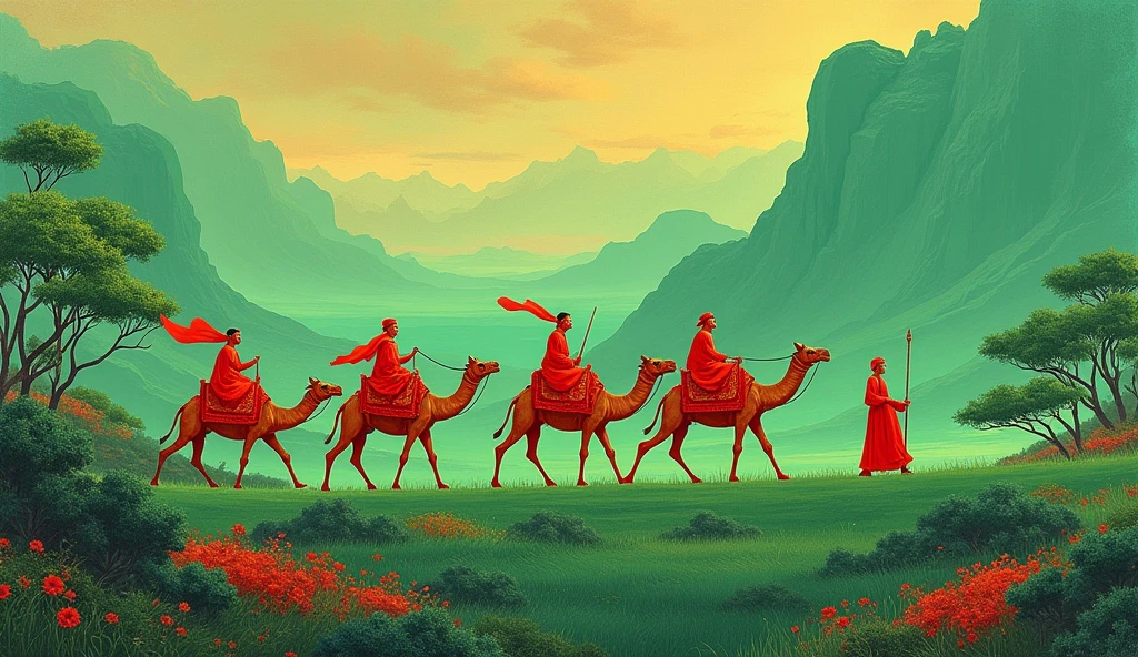 Chinese Dunhuang mural style, perspective illustrations, green background, camel caravan, group of people, dynamic posture, rough edge texture, fluorescent red contrasting color scheme, high quality, super detail