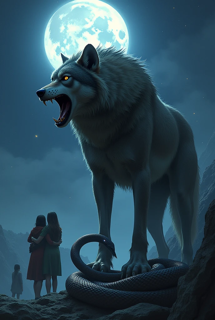 Growling wolf under the moonlight, with lying snake in the bottom of its feet, people looking at the wolf, holding each other