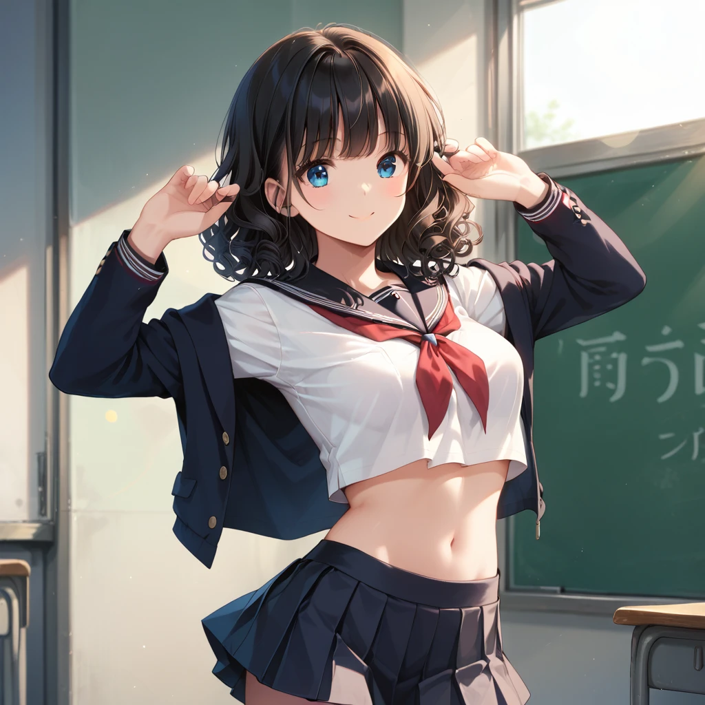 ((school uniform, midriff)), score_9, score_8_up, score_7_up, source_anime, two hands, two legs, five fingers, anime_style, expressive, girl, solo, detailed face, cinematic lights, anime, anime style, cute, (detailed art, best quality, better face, anime style, better style), detailed face, cute face, (adult girl), ((black short skirt)), medium breasts, (1 girl), black hair, blue eyes, medium hair, curly hair, bangs,