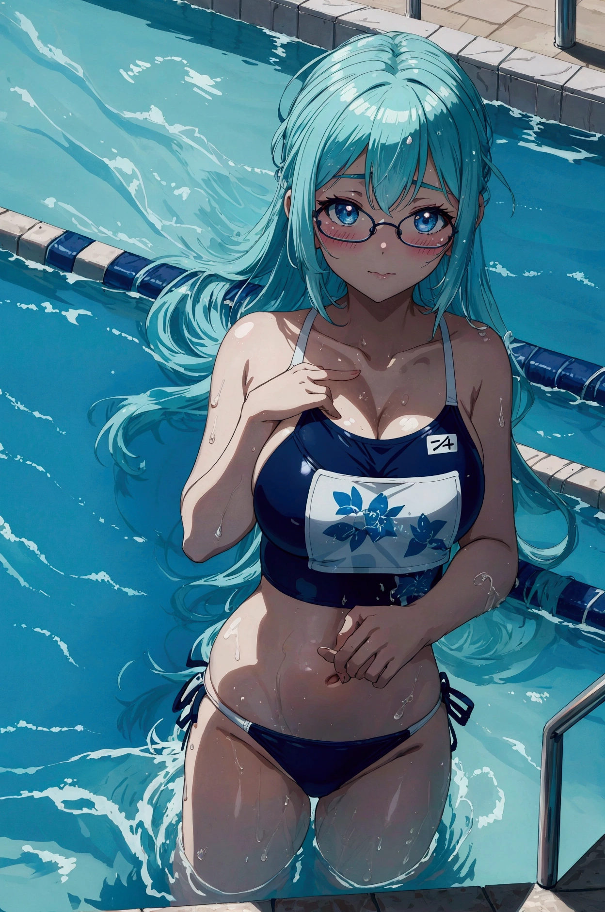 プールでスクールSwimwearを着た, Enchanting anime girl, Anime Moe Art Style, Swimwear, Highly Detailed Art Gem 4K Anime Wallpaper, Beautiful and detailed anime art, Beautiful anime artwork, Beautiful Anime Girls, Attractive anime girl, is wearing a Swimwear、School swimming pool、Large breasts、Glamour、Blushing、Glasses