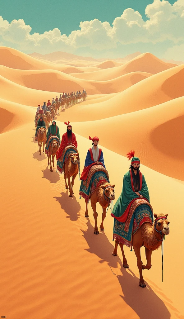 dunhuang art style illustration, the camel caravan crossed the desert, silk roads, continuous undulating ripples