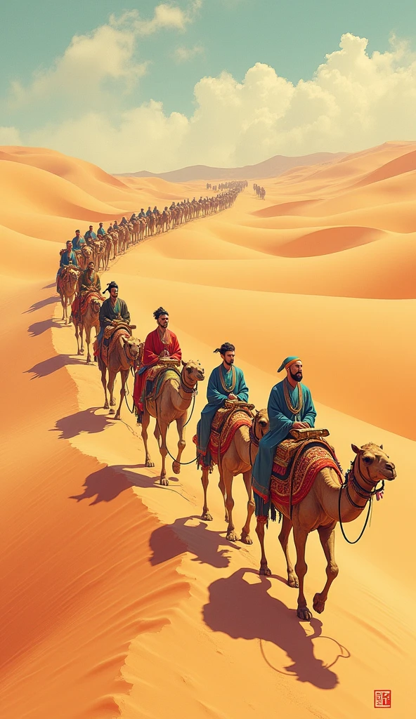 dunhuang art style illustration, the camel caravan crossed the desert, silk roads, continuous undulating ripples