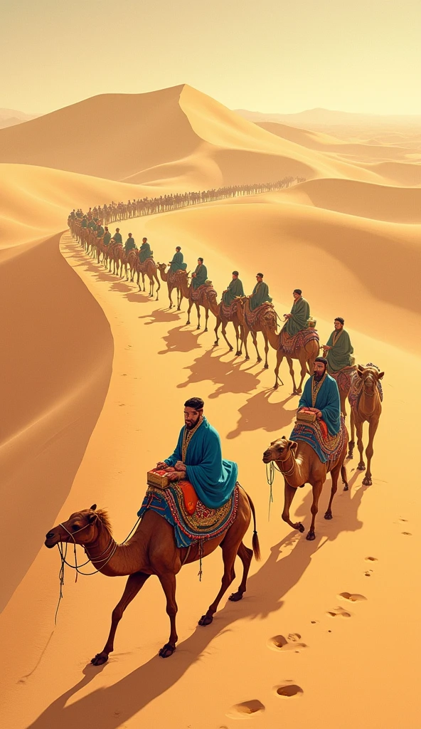 dunhuang art style illustration, the camel caravan crossed the desert, silk roads, continuous undulating ripples