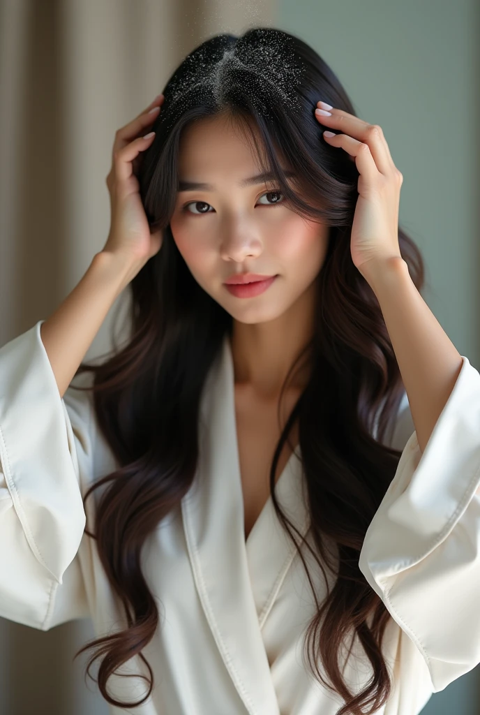 Create an Asian long-haired beauty,Wearing a white satin bathrobe,,Scratching the scalp with both hands,There is a lot of dandruff on the top of the head,White fine dandruff on the top of the head,The expression is unhappy,The characters are realistic and realistic,Bathroom Background,9:16 frames,Ultra-high-definition picture quality