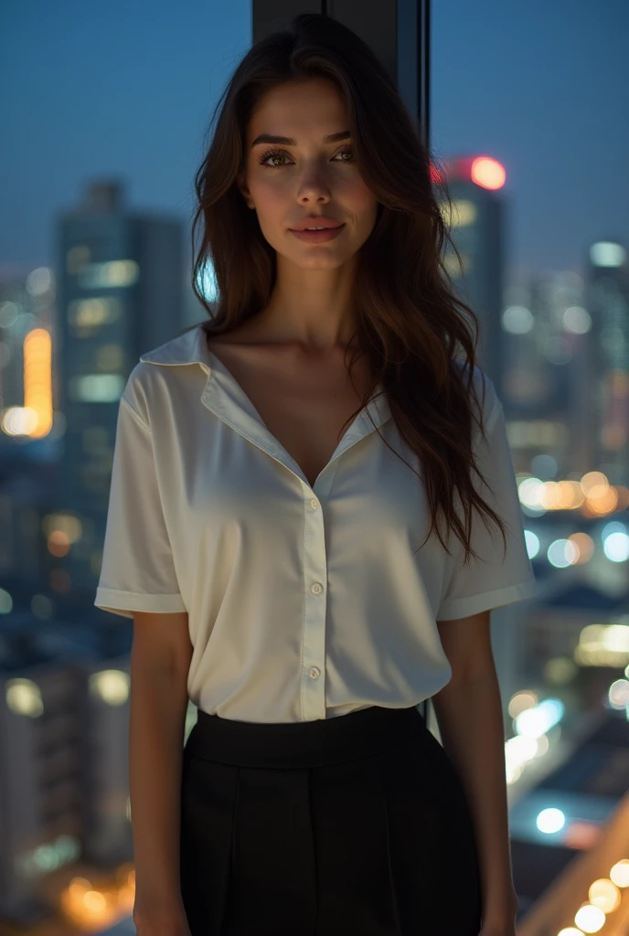 ((Highest quality, 8k, masterpiece :1.3)), whole body, Sharp focus :1.2, Beautiful woman with perfect figure :1.4, Slim Abs :1.2, ((Dark brown hair, Big Breasts :1.2)), Body Dress :1.1, (Night city view, Modern balcony :1.1), Highly detailed face and skin texture, Detailed eyes, double eyelid, Small breasts, OL Uniform, office Wear, White T-shirt, Exposed cleavage, (Black Pantyhose), (No pants), Indoor scene, office