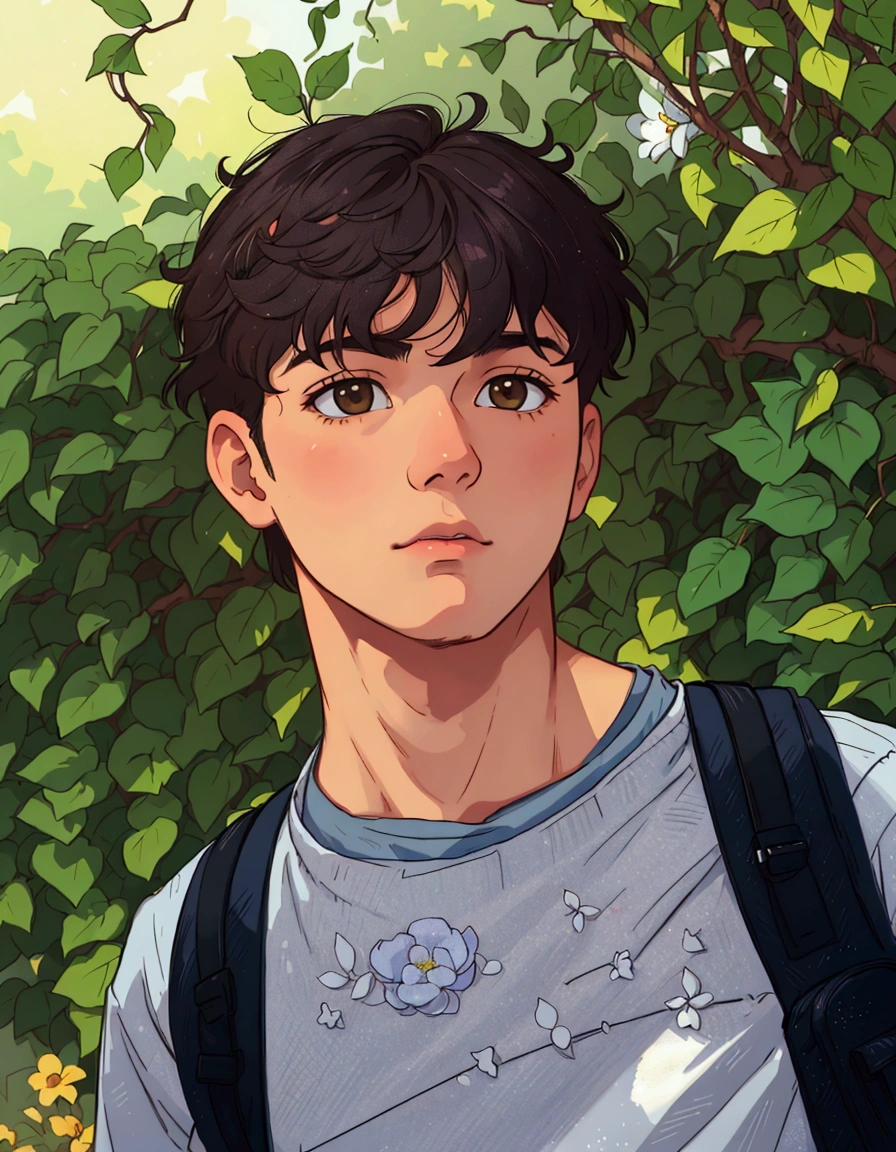 (best quality:0.8) perfect anime illustration, arafed young man with a backpack standing in front of a bush, inspired by John Luke, headshot profile picture, declan mckenna, caio santos, tommy 1 , portrait a 1 5 - year - old boy, by John Luke, he has short curly brown hair, male teenager, m johnstone, asher duran
