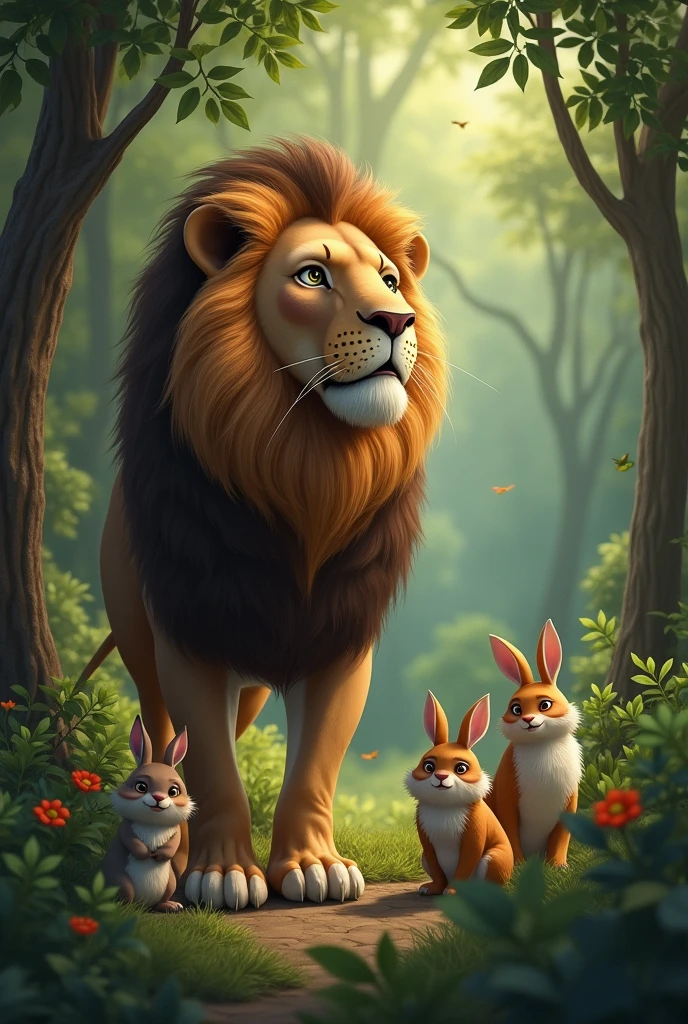 A real lion lives in a beautiful deep forest with a group of different kinds of small animals, including birds, rabbits and the like.