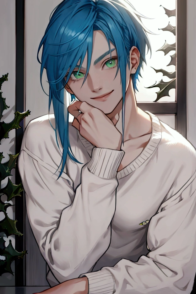 male Blue Hair Straight Hair Green Eyes The left eye is covered by hair wrist set Slender delicate White skin smile 20-year-old White Shirt sweater holly