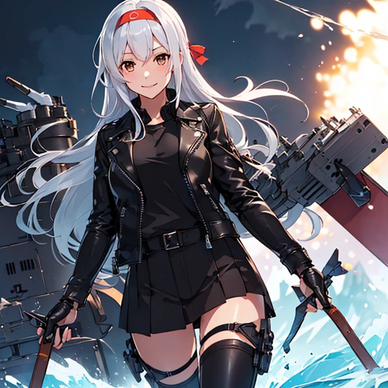 
shoukaku_kantaicollection,
long_hair, hairband, white_hair, brown_eyes, smile, headband, 
 (masterpiece:1.4),(best quality:1.4), (amazing), (great illustration:1.4), (ultra-detailed:1.4), (art CG, 8K),1girl solo,full body,KonishiCSA, 
(Black Leather Jacket:1.4),