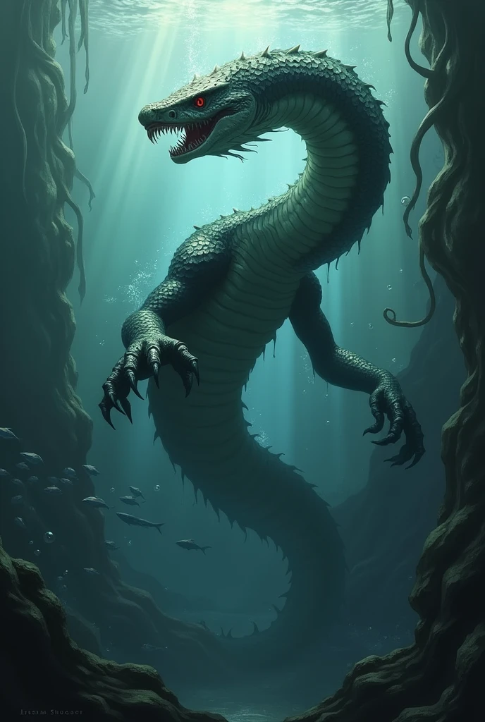 A scene of a dragon swimming in the sea。A giant dragon cutting through the water's surface, splashing waves,、A mysterious glittering dragon scale in the darkness of the deep sea。Emphasizing the contrast between the underwater world and the dragon、Expressing the power of nature。