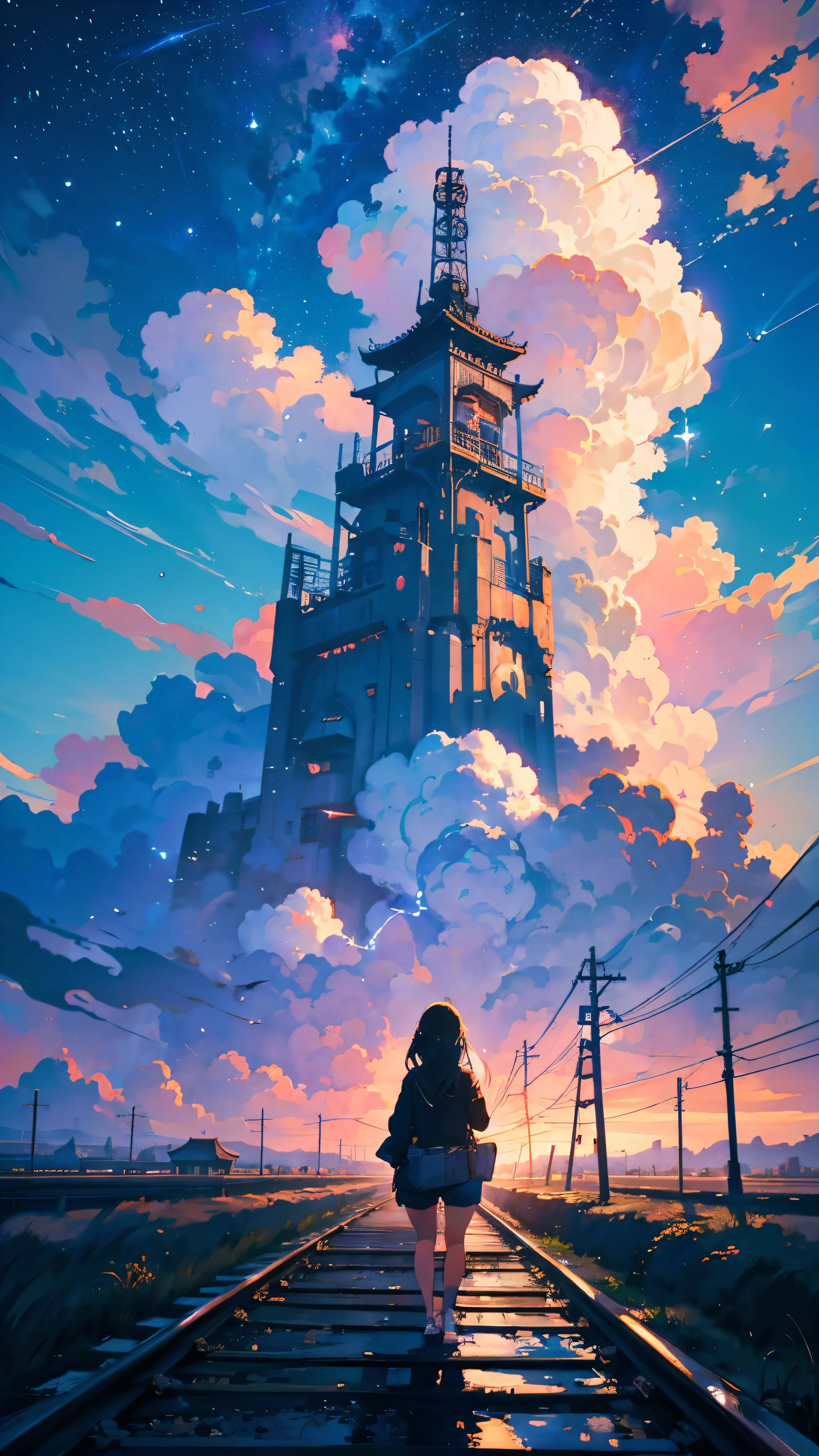 Exquisite detail, Highest quality, One girl, alone, handrail, cloud, buildings, Long Hair, NULL, Long sleeve, Power lines, White footwear, Black Hair, Electric pole, bangs, cloudy NULL, fish, bird, Green Eyes, Shorts, Day, Black Shirt, barefoot, star, milky way, meteors, Pitch black, Buildings, High quality anime art style, Standing painting, Splash ink background, Blue Themes, Clear Face, Distinct facial features, Fuji Mountain, Fuji Mountain, Buildings in Tokyo, Looking at me, View from behind, Shining star々, milky way, sitting in water, Bright sky, Daytime, Looking straight ahead, Future City, train, Railroad crossing, sunset, A train running on the tracks, Bright Daytime Sky, blue sky, Surrealism, cinematic lighting, masterpiece, UHD, high details, highres, best quality, 8k