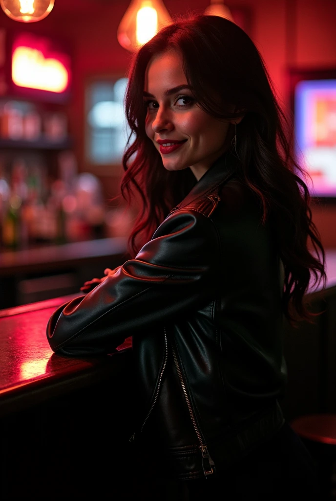 Evil Woman, black leather jacket, she is leaning against the bar counter, looking at us and smiling bewitchingly,