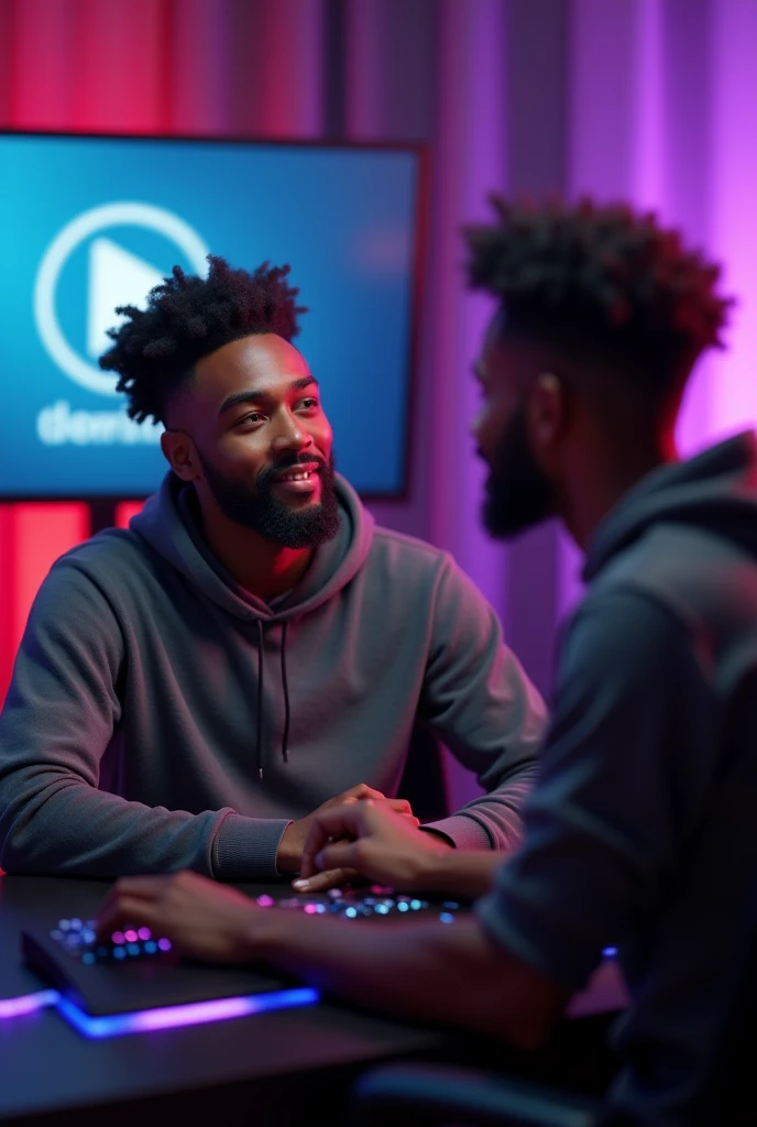 "Two black young men, setting up a professional-looking streaming setup together, sharing a moment of camaraderie, with their first logos and channel names visible on screens."hyper-realistic, 8k, ultra hd, Pixar style, Disney style, cinema 4d, --ar 3:2