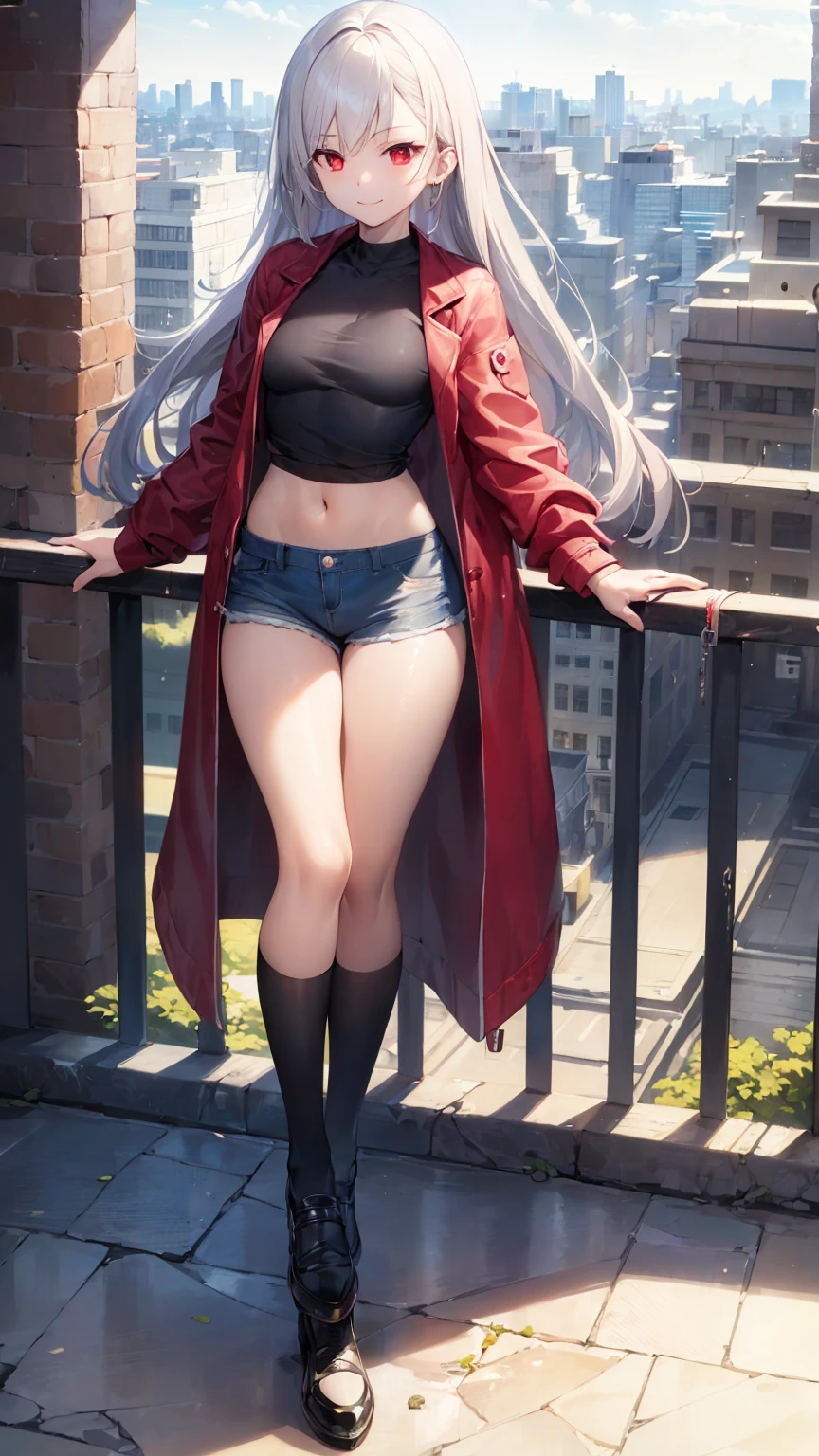(masterpiece, top quality, best quality, official art:1.2), anime, 1 girl, full body, silver hair, red eyes, long hair, small breasts, red jacket, black t-shirt, short jeans, black socks, black shoes, modern cityscape, gentle smile, masterpiece, 8k, high quality, detailed art