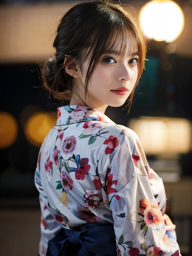 (masterpiece, Highest quality:1.4), Beautiful Face, 8k, 85mm, Floral Yukata:1.4), Beautiful woman looking back、Delicate girl, alone, night, View your viewers, Upper Body, Film Grain, chromatic aberration, Sharp focus, Face Light, Professional Lighting, Sophisticated, (smile:0.4), ( background, bokeh background:1.2), Detailed aspect