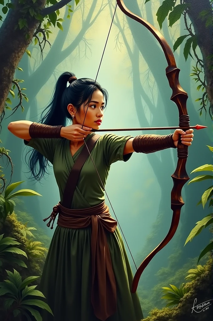 full lenght in a scene from a movie in a jungle, the main character is a beautiful, sweet young woman with black hair tied in a high ponytail, wearing a black Thai warrior costume, holding a large brown bow in her hand and aiming an arrow forward. A mysterious, realistic jungle scene, dynamic profile, oil painting, three-dimensional oil painting, art painting by Ajarn Chalermchai