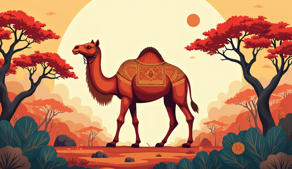 camel, vector illustration, chinese illustration, oriental aesthetics, geometric shapes, vector pattern, mogao caves, dunhuang, warm colors, dunhuang mural palette