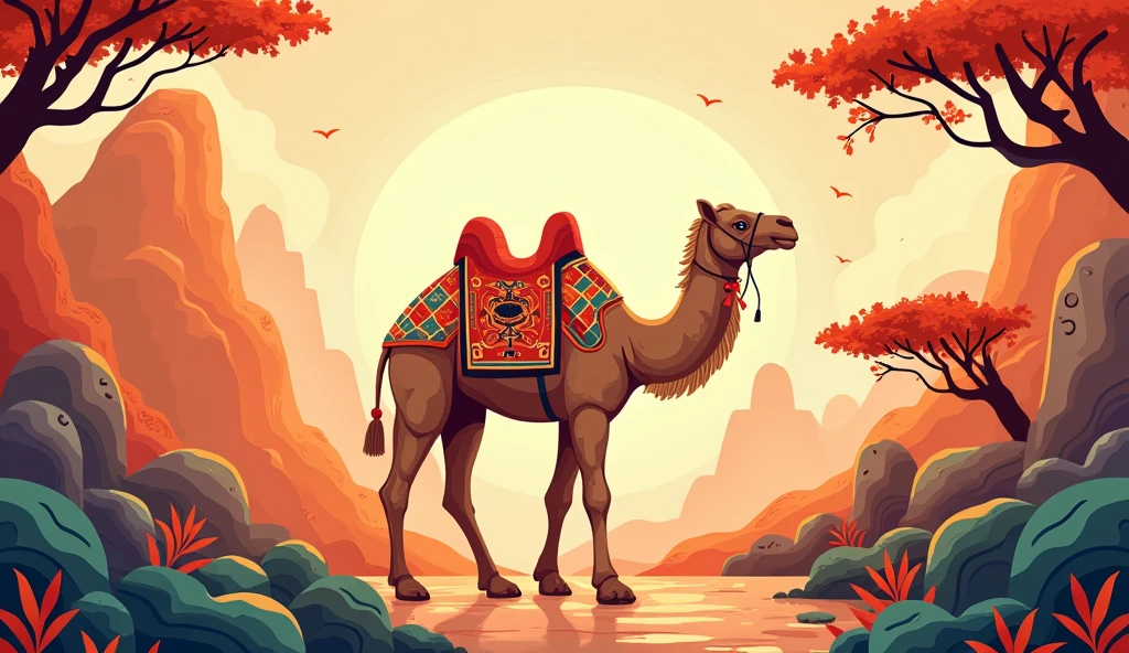 camel, vector illustration, chinese illustration, oriental aesthetics, geometric shapes, vector pattern, mogao caves, dunhuang, warm colors, dunhuang mural palette