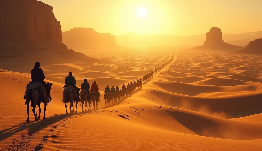 Transporting through time, the camera shifts to the winding paths of the silk road, stretching through desert landscapes as caravans traverse sand dunes,silk road