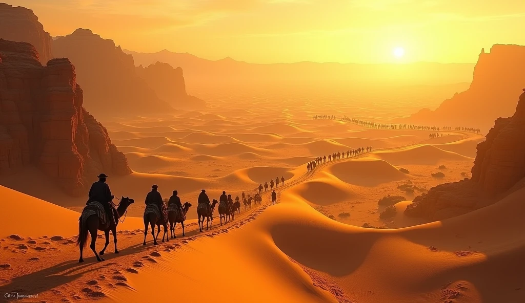 Transporting through time, the camera shifts to the winding paths of the silk road, stretching through desert landscapes as caravans traverse sand dunes,silk road