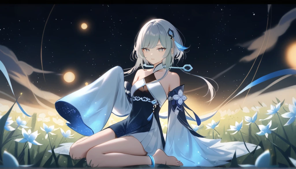 1girl, guizhong_\(genshin_impact\),light grey hair,short_hair_with_long_locks,starry_sky_print,detached_sleeves, long sleeves_past_fingers,hanfu,illustrated by matsuryuu and agahari and dsmile,pale blue eyes,stunning field of softly glowing blue and white glaze lilies,night scene,gentle smile,moonlight,glossy lips,vivid anime coloring,cel shading,smooth, soft dreamy focus,anklet,halter_top,white clothes,highly detailed,digital painting,field of flowers,bare_shoulders,wlop,barefoot,cool night tones, magical night scene,masterpiece, best quality, film, bokeh, professional, 4k, highly detailed,fireflies,Guardian nebula of rainbow light and silvery vapor,