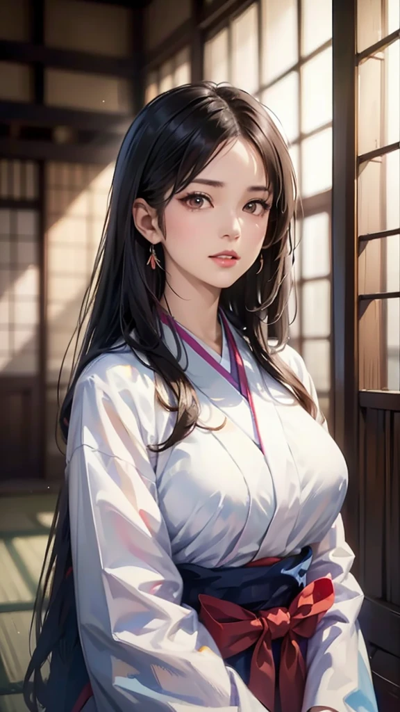 (Realistic)、(Realistic:1.2)、(High resolution)、Very detailed、Very beautiful face and eyes、1 girl、Delicate body、(Highest quality、Attention to detail、Rich skin detail)、(Highest quality、8k、Oil paint:1.2)、Very detailed、(Realistic、Realistic:1.37)、Bright colors、Full Body Shot,black_hair, Beautiful 8k eyes,Looking_in_audience,One person in,Are standing,((Very beautiful woman, Fuller lips, Japanese pintern kimono))、((Gorgeous and colorful Japanese kimono)))、(((blackhair)))、(((blunt bungs,long straight hair)))、((( In an old Japanese house (short focus :1.4),)))、(masterpiece, Highest quality, Highest quality, Official Art, beautifully、beautiful:1.2),(Fractal Art:1.3),Sengoku period、By Greg Rutkowski:Alphonse Mucha Ropp,short ,uchikake,nishijin ori,(realistic Light and shadow), (real and delicate background),(Calm colors, Dim color, soothing tones:1.3), Low saturation, (Ultra-detailed:1.2), (Noir:0.4),Draw,Blurred_Light_background, (Bright colors:1.2), cinematic Lighting, ambient Lighting,Single Shot,Shallow focus,pink lip,Blurred Light background,Eros,Big Breasts,Narrow eyes