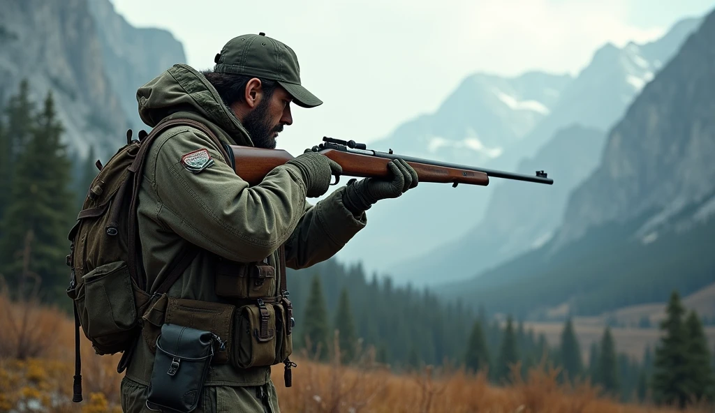 The hunter holds a rifle.